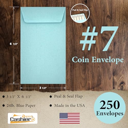 Cashier Depot #7 Coin & Money Envelopes, Open End, Peel & Seal, 3-1/2" x 6-1/2", 24 lb Paper, Made in USA, 50 Count (250, Blue (Peel & Seal))