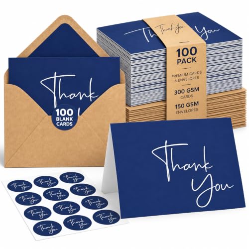VNS Creations Thank You Cards With Envelopes - 100 Pack 4 x 6 - Navy Blue