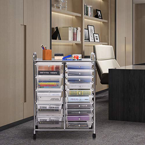 DREAMADE Rolling Cart with 15 Drawers, Clear Plastic Drawer Organizer w/Lockable Wheels, Removable & 2-Sized Storage Drawers, Art Cart for School Home Art Supplies Crafts File Scrapbook (Transparent)