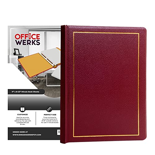 Office Werks Corporate Minute and Records Book Binder, Maroon Leather w/Gold-Tooled Covers and Spines, Letter Size 8.5 x 11 Inches, 125 Pages/250 Sheet Capacity, 100 Minute Book Paper Included