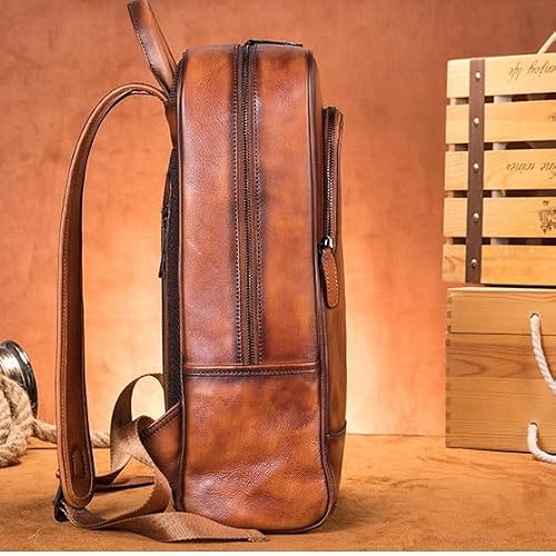 VCDUXMQLK Men's Colored Genuine Leather Backpack Vintage Computer Bag Tree Cream Layer Cowhide