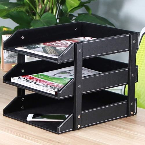 MNBVH File Racks Letter Trays File Racks 3-Layer Removable Wood PU Leather Desktop Filing Document Tray Stackable Document Tray(Color:B)