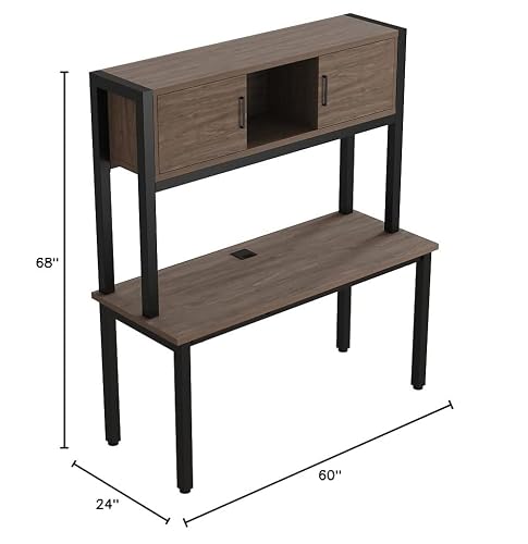 NBF 60” Credenza Desk with Hutch - Industrial Office Desk with 1.125” Thick Laminate Top, Steel Grommet Cable Management - Cortez Concealed Storage Hutch, 24" D x 60" W x 68" H, Gray