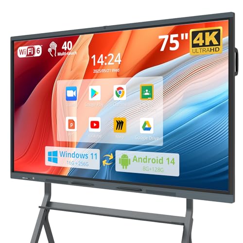 75" Smart Board 4K Interactive Whiteboard SmartBoard for Classroom & Office, EDLA Android 16 & Windows 11 Pro 16G RAM+256G ROM Touchscreen with 48MP AI Camera 50-Points Wall Mount