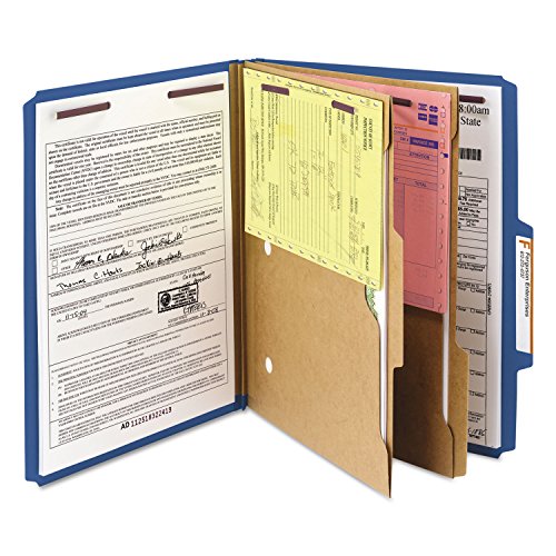 Smead Pressboard Classification Folder with Pocket-Style Divider and SafeSHIELD Fasteners, 2 Dividers, 2" Expansion, Letter Size, Dark Blue, 10 per Box (14077)