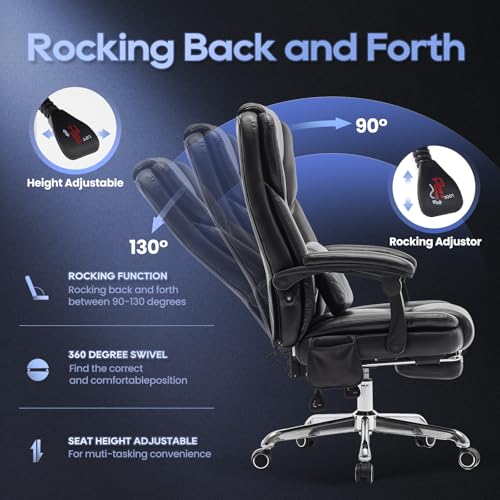 Massage Office Chair with Footrest, High Back Executive Chair, Ergonomic Desk Chair with Removable Pillow, 2 Lumbar Massage Points, Reclining, Leather Computer Chair, Black, Set of 2