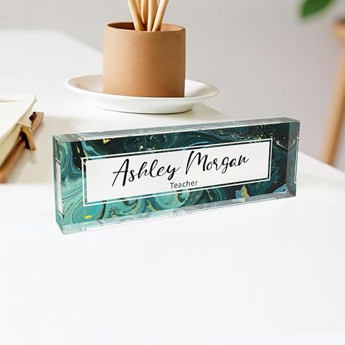 ARTSWAVE - Clear Acrylic Green Marble Design Block Nameplate for Teacher, Boss, Principal, Nurse, Office Decor, Door or Wall Display - 8"x2.5"