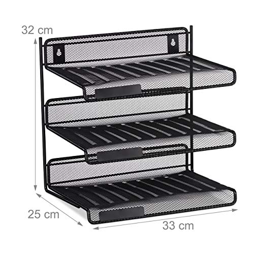 4 x Letter Tray, Metal with 3 Compartments, with Labels, A4, for Office & Study, for Wall, 32x33x25 cm, Black