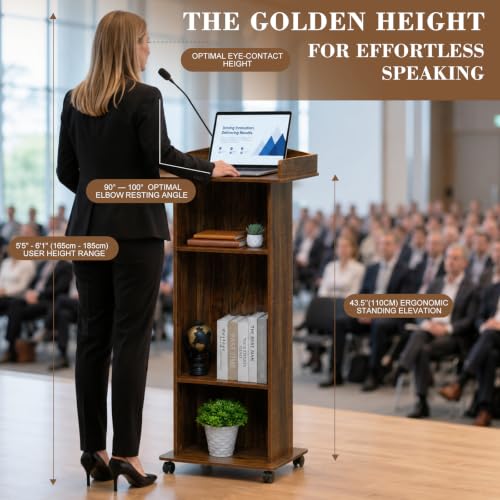 BEQUZON Wooden Podium Lectern Stand with Wheels, 3 Storage Shelves, Black Walnut, for Church Classroom