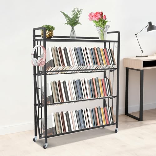 Ginelm 4-Tier Rolling Book Cart, Large Capacity Bookshelf Storage Rack Organizer, Mobile Book Storage with Wheels for Home Office, Living Room, Classroom