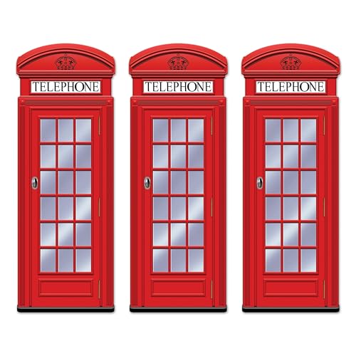 Beistle Jointed Phone Box Cutouts – 3 Pack, British Telephone Booth Decorations, Vintage Street Wall Décor, Travel Theme Props, Photography Backdrop Accents, International Display Supplies, 5'
