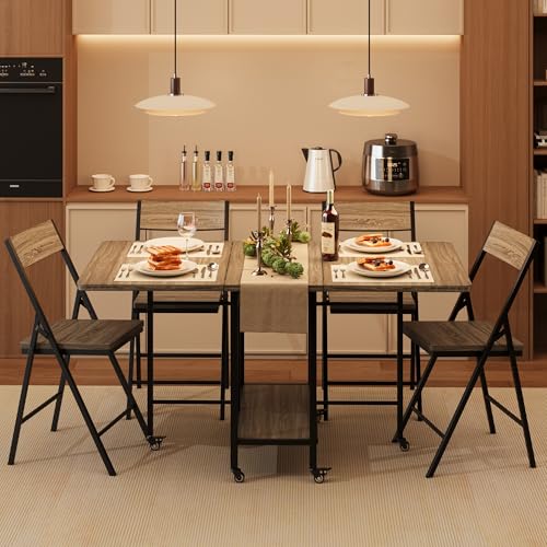GarveeHome Folding Dining Table and Chairs Set, Drop Leaf Foldable Kitchen Table with 4 Chairs, Folding Dinner Table Set with Storage & Lockable Wheels, Space Saving, for Kitchen or Dining Room, Gray