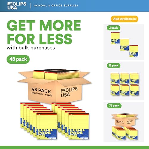 E-CLIPS USA Notepads, Legal Pads, Note Pads 8.5 x 11, Legal Wide Rule Notepad, Canaray Yellow, Chipboard Back, Writing Pad, Office Supplies, 50 Sheets Per Pad (48 Pack)