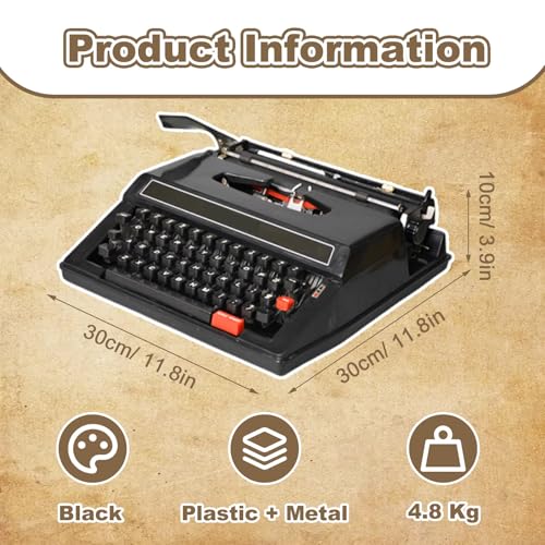 Vintage Manual Typewriter, Fully Mechanical Typewriter with Smooth Keys, Pre-Installed Ribbon and Carrying Case, Classic Writing Machine for Writers and Collectors(Black)