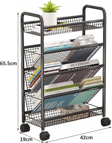 NUHSLF Rolling Book Cart, Mobile Bookshelf with Wheels, Compact Desk Storage Organizer Trolley, Floor Standing Metal Bookshelves/Corner Display She(Black-5 Tier)