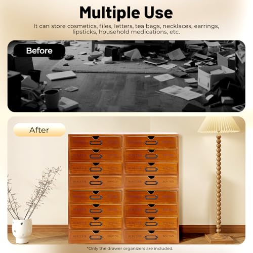 BRICZUNA 4PCS Apothecary Cabinet with 16 Drawers Multi Drawer Organizer Library Card Catalog Cabinet Wooden Storage Drawers Flat Files for Art Storage, 19.6 * 6.89 * 19.6in