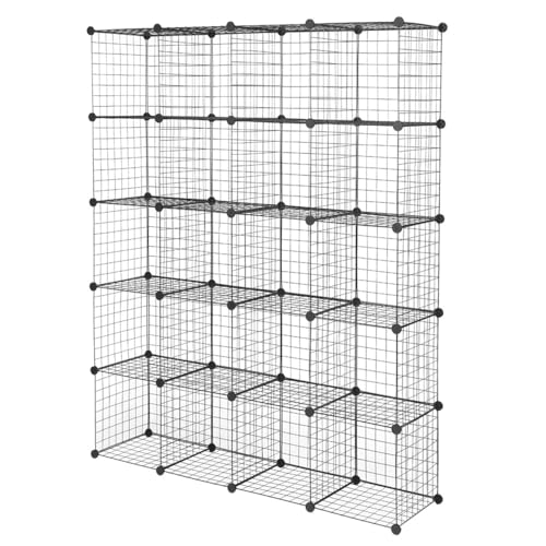 Kaireey 20-Cube Modular Wire Grid Storage Organizer, DIY Metal Cube Shelving Unit with Plastic Connectors, Origami Bookcase for Closet, Bedroom, Living Room & Office, Black