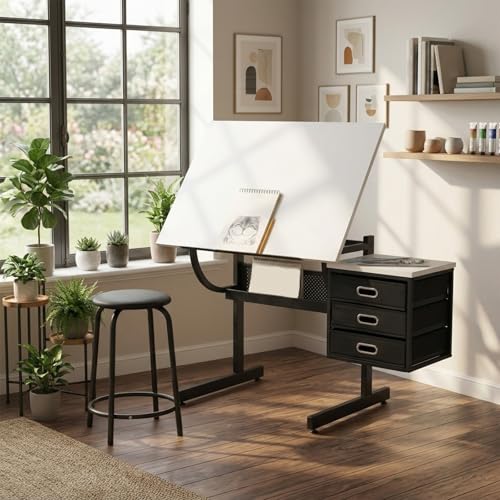ZRainbowroad Art Desk, Adjustable Drafting Table with Storage, Crafting Desk & Drawing Table with Stool for Adults, Easy Assembly