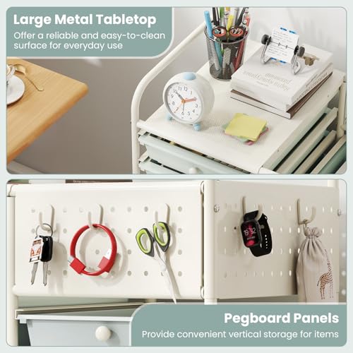 LDAILY Rolling Storage Cart with Drawers & Pegboard, for Classroom, Green