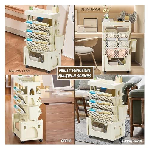 TUOYIBO Mobile Bookshelf,Mobile Bookshelf with Wheels, Mobile Book Shelf Cart 5 Tier Book Rack Storage Bookshelf Moveable Bookshelf on Wheels,Removable Table Side Storage Basket 5 Layers, (Color :