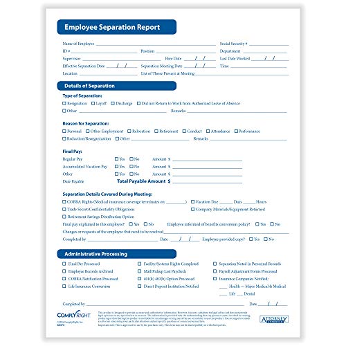 ComplyRight Employee Separation Report Form – 8.5” x 11” – Payroll Form – 50 Pack