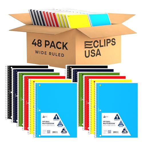 E-CLIPS USA Wide Ruled Spiral Notebooks Bulk Spiral Bound Notebooks for Work 1 Subject Notebook 6 Color Assortment 3 Hole Perforated 70 Sheets 140 pages 10.5" x 8" (48 pack)