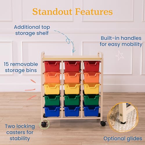 ECR4Kids 15-Bin Mobile Organizer with Shelf, Removable Bins, Sand/Assorted