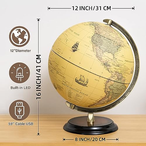 12'' Retro Illuminated World Globe with Wooden Stand, 2-1 Educ & Décor Antique Night Light up Globe Built in LED & HD Printed Map, Antique Illuminated Glob for Adults & Kids, Home Décor, Office