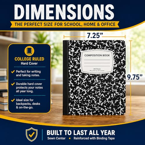 ENVO Composition Notebooks, College Ruled Composition Notebook, Black Marble Covers Composition Notebook, 100 sheets, Bulk (48, College Ruled)