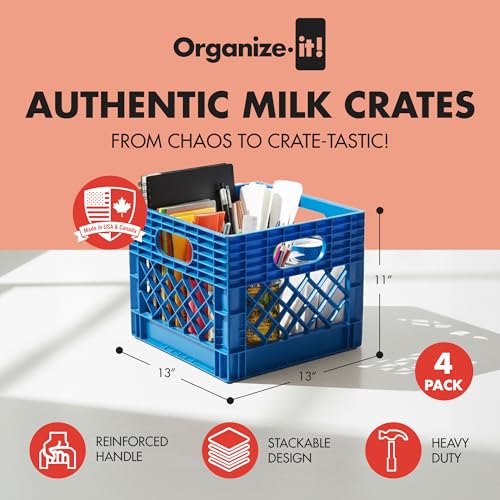 ORGANIZE-IT! 4 Pack Storage Milk Crate, Heavy Duty Versatile Box Organizers with Easy-Grip Handles, Interior 12.25"L x 12.25"W x 10.5"H, Blue