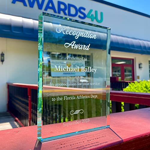 Personalized Plaque - Customized Glass Award Trophy - 7” Tall with Engraving - Custom Award Plaque for Employee Recognition - Choose Your Title: Appreciation, Excellence, Retirement and More
