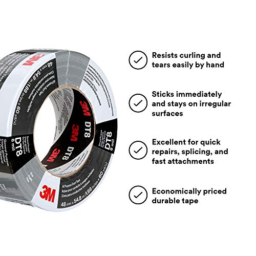 3M All Purpose Duct Tape DT8, Silver, 1.88 in x 60 yd, 8 mil, 3 Roll/Pack