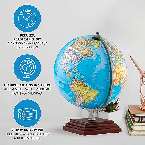 Waypoint Geographic Odyssey Plus Globe, 12" Blue Ocean-Style World Globe, Up-to-Date Reference for Home and Office Decor, 17.5“ H x 13.5“ W x 12“ D