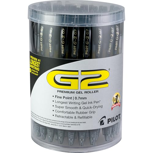 Pilot G2 Premium Gel Pens, Black Pens, Fine Point 0.7 mm, Tub of 48