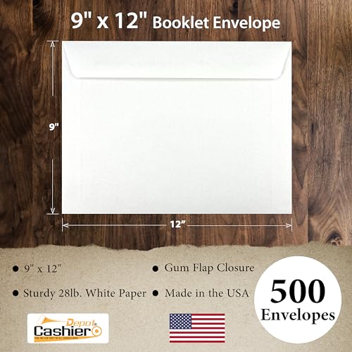 500 Cashier Depot - 9 x 12 Inch Booklet Envelopes, Heavy 28 lb White Wove Paper, Open Side, Gummed Flap, 500 Count