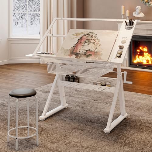 Zentrava Height Adjustable Drafting Art Table for Adults, White Tempered Glass Drafting Drawing Printing Table Desk with Stool, 0-75° Tilting Tabletop Art Drawing Table for Drawing,Hand Crank