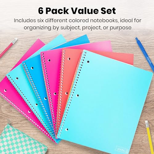 Yoobi College Ruled 8 x 10.5” Spiral Notebook Set – Bulk 6-Pack of 1 Subject Notebooks – Perfect Addition – 100 Perforated 3-Hole Punched Sheets, For School, Office & Home