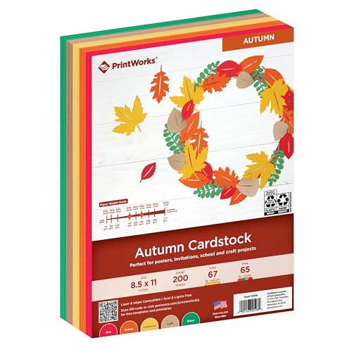 PrintWorks Autumn Cardstock 8.5" x 11" - 200 Sheets - 5 Assorted Fall Cardstock Colors - Ideal for School & Craft Projects - 67 lb/147 gsm & 65 lb/176 gsm - Made in the USA (00598)