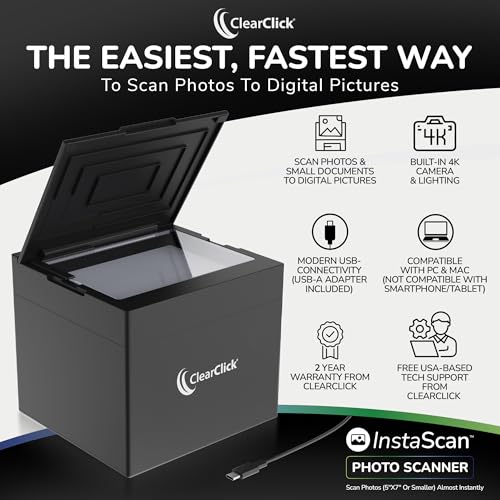 ClearClick InstaScan Photo Scanner for PC & Mac - Scans Each Photo Virtually Instantly - Compatible with 4x6, 5x7, & Smaller Photos - No Drivers Required - USB-C Connection [300 DPI Scanning Quality]