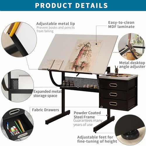 Drafting Table Drawing Desk Art&Craft Work Station with 3 Storage Drawers and Stool for Adults and Kids Teens, Tabletop Adjustable Paint Artist Tables for Art Studio Home Office School (Black White)