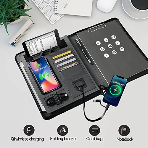 A4 Wireless Charging Portfolio Folder Multifunction Zipper Binder with 6000mah Power Office Notebook Organizer (Color : C)(C)