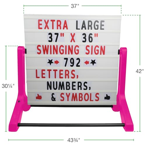 Swinging Changeable Message Sidewalk Sign 37″ x 36″ – Outdoor Advertising Sign Board with 792 Pre-Cut Double-Sided Letters & Storage Box – Heavy-Duty, Rust-Resistant Sidewalk Display for Businesses & Events (Pink Legs)