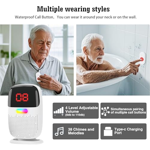 Caregiver Pager System with Digital Display for Elderly Assistance, Fall Prevention, and Nurse Calling，Wearable Wireless Pager for Patient Help at Home(1 Call Buttons + 1 Receivers)