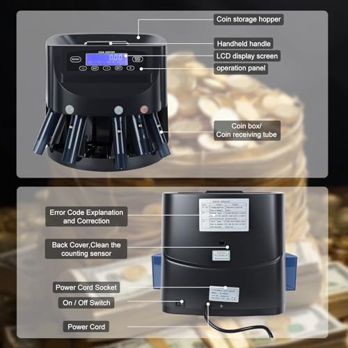 Electric Coin Counter Machine, Automatic Coin Sorter with LCD Display, 500 Coins Capacity, High-Speed Coin Counting for Office and Retail Use Black