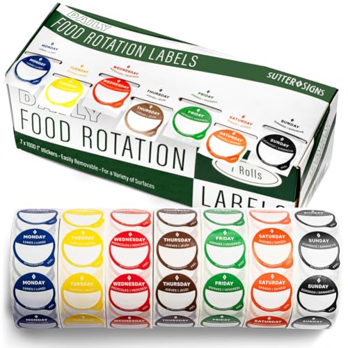 Date Stickers for Food - Day of the Week Day Dots Removable Food Labels, 1" Date Dot Stickers for Food Containers, 7000 Labels with Dispenser Box