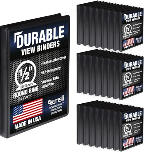 Samsill 24 Pack Durable 0.5 Inch 3 Ring Binders, Round Ring, Clear View Cover for Presentations, Black