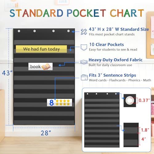 Pocket Chart Stand with Standard Pocket Chart, Height Adjustable Tripod Anchor Holder up to 62.99", 4 Anti-Drop S-Hooks, Teacher Supply Tray for Classroom & Homeschool