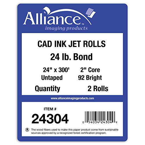 Alliance Wide Format Paper 24” x 300’ CAD Rolls 92 Bright, 24lb - 2 Rolls Per Carton - Ink Jet Bond Rolls with 2" Core