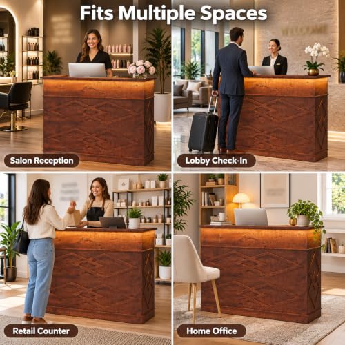 Reception Desk with Counter and Built-in Outlets for Salon Station (Brown)