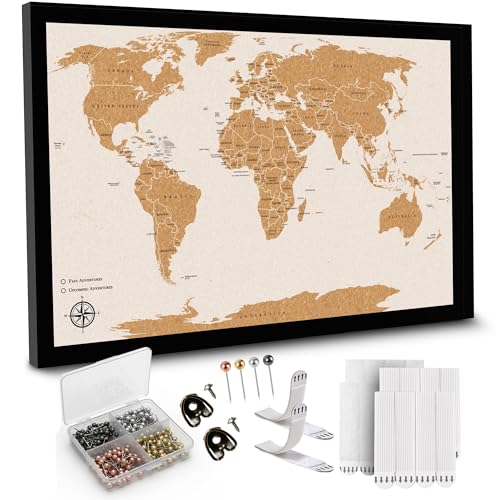 AdventureScape Push Pin World Travel Map, Framed Cork Map Pin Board